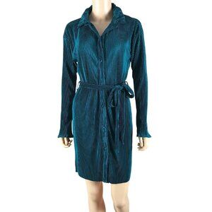 INMOD Teal Satin Long Sleeve Pleated Mini Shirt Dress SMALL
